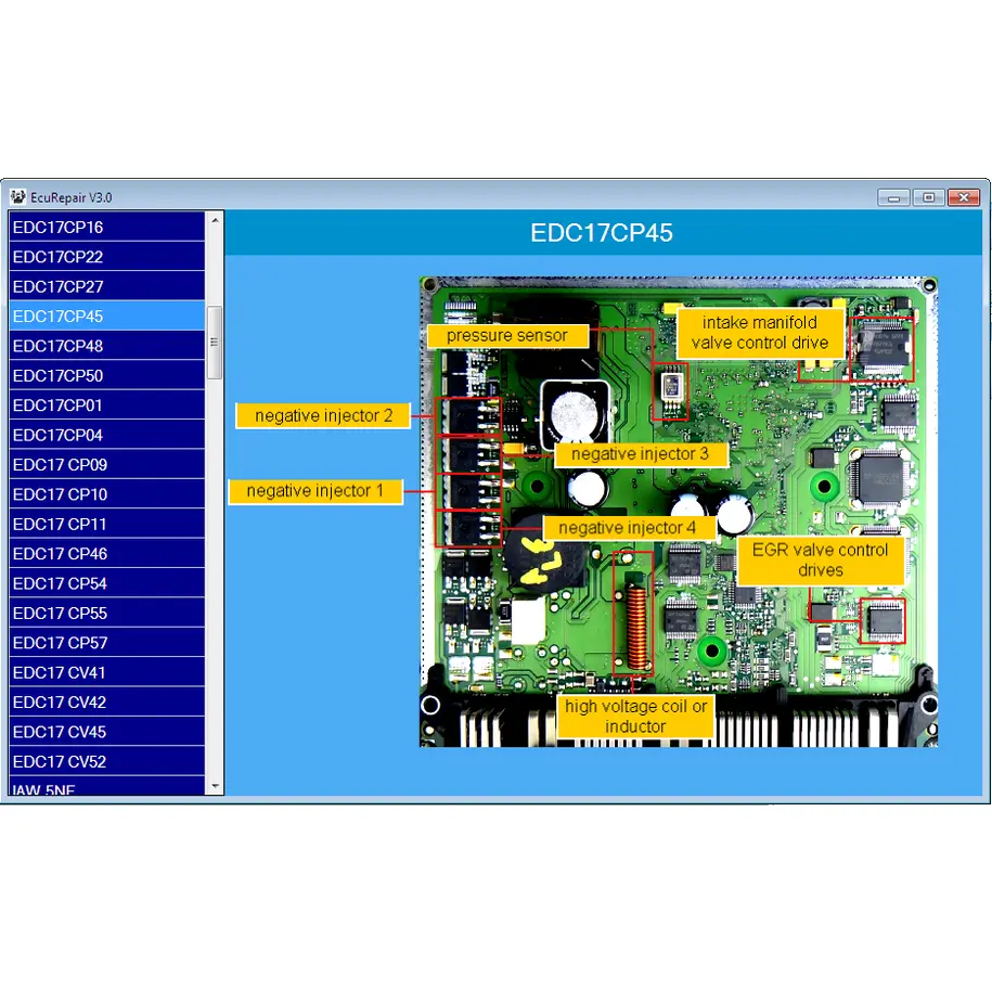 EcuRepair V3.0 software showing component location and board layout for EDC17CP45 ECU